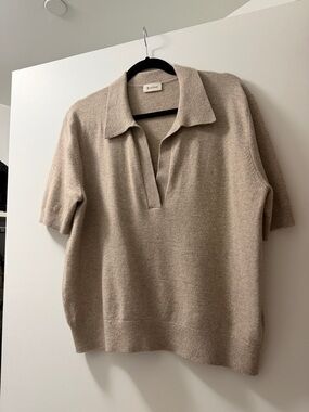 Lily Silk Short Sleeve Polo Sweater in Beige Taupe